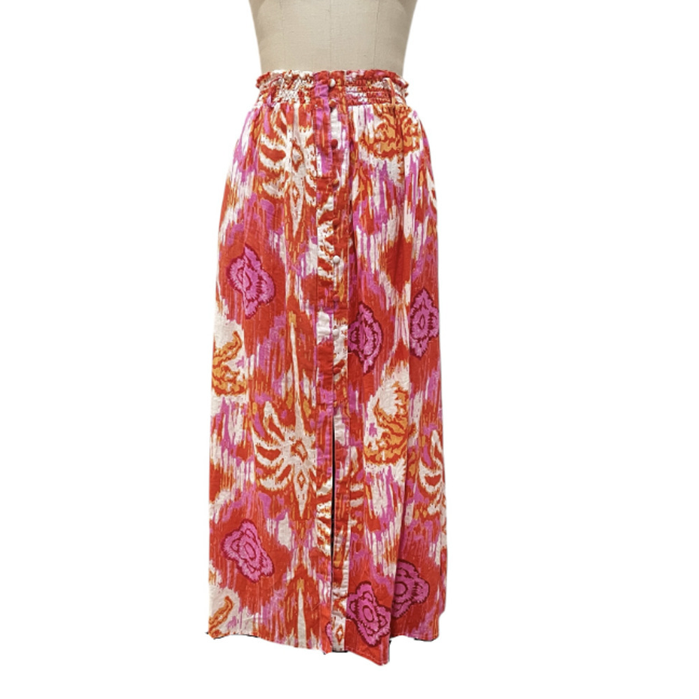 C&C California Skirt Womens Large Orange Pink Floral Maxi Linen Rayon Boho Beach